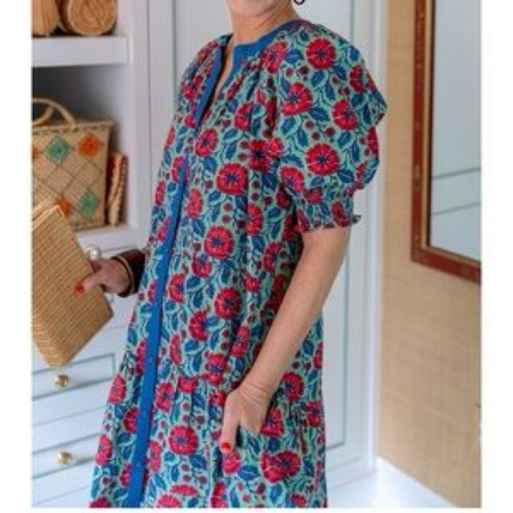 Printfresh x Paper Pencil Co Blue Red White Floral Printed Dress - Picture 2 of 8